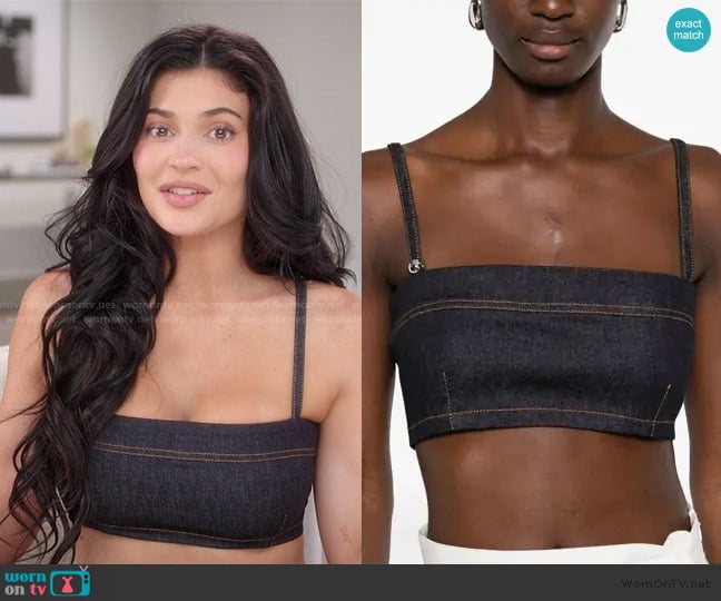 Kylie’s confessional denim crop top on The Kardashians Kylie’s confessional denim crop top on The Kardashians