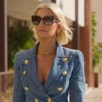 Emma’s double breasted denim jacket on Selling Sunset