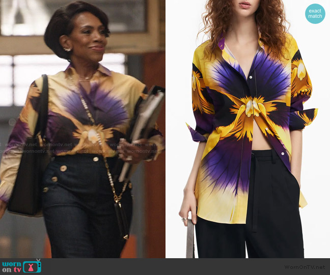 Desigual Pensee Lacroix Pansy Print Cotton & Lyocell Button-Up Shirt worn by Barbara Howard (Sheryl Lee Ralph) on Abbott Elementary
