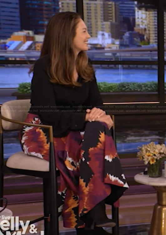 Diane Lane's black wrap top and printed skirt on Live with Kelly and Mark