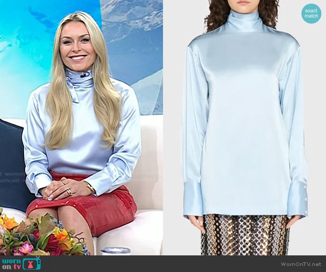 Diane von Furstenberg x Henry Zankov Eldridge Silk Top in Water worn by Milan Cortina on Today