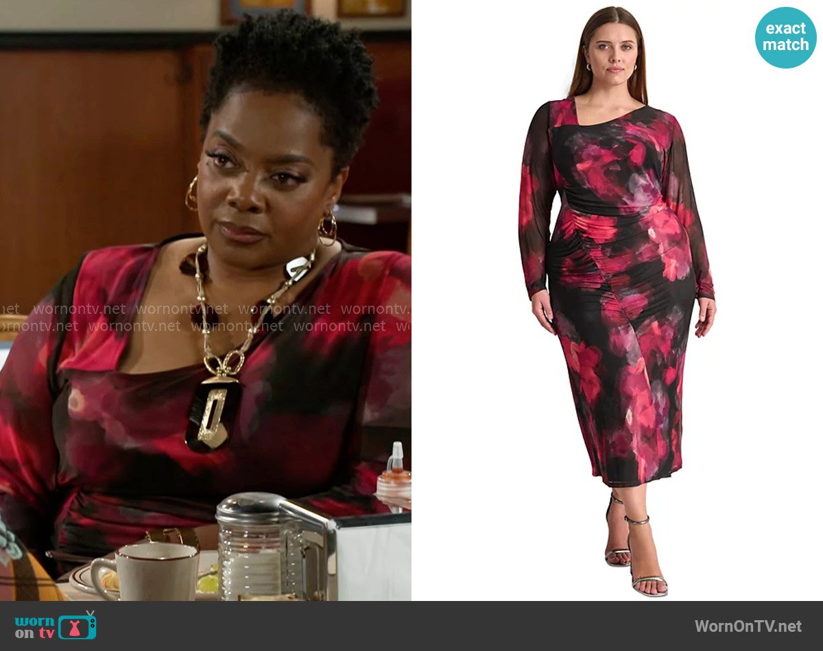 DKNY Side-Ruche Printed Mesh Dress worn by Mona Wilson (Karan Kendrick) on Beyond the Gates