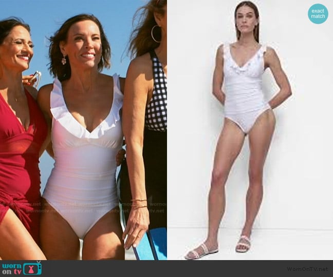 DKNY White ruffle underwire swimsuit worn by Debbie Siebers on The Golden Bachelor