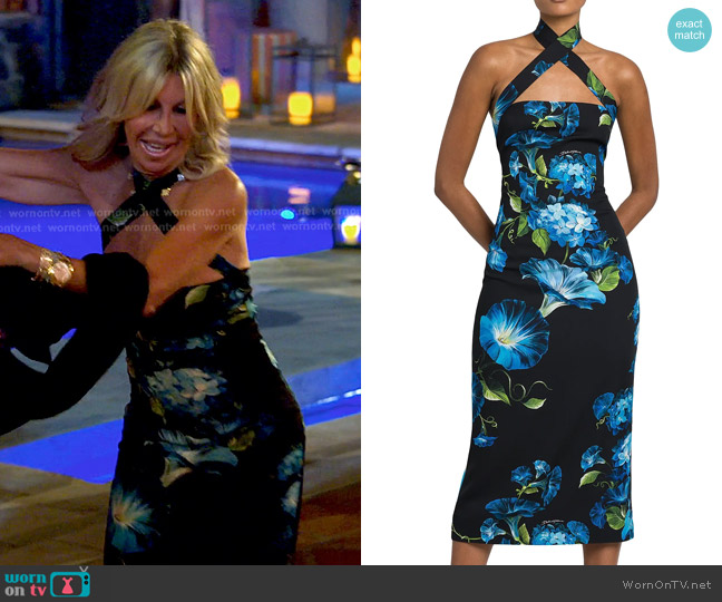 Dolce & Gabbana Floral Choker Halter Sheath Midi-Dress in Campanule Nero worn by Amy Kaplan on The Golden Bachelor