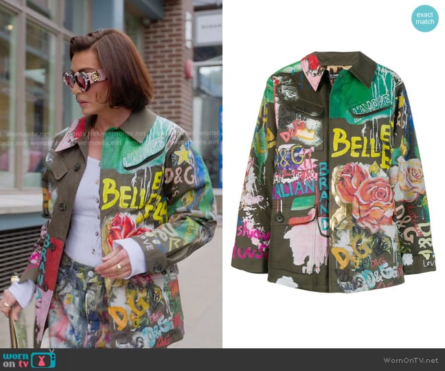Dolce & Gabbana Graffiti Art Print Jacket in Green worn by Bronwyn Newport on The Real Housewives of Salt Lake City