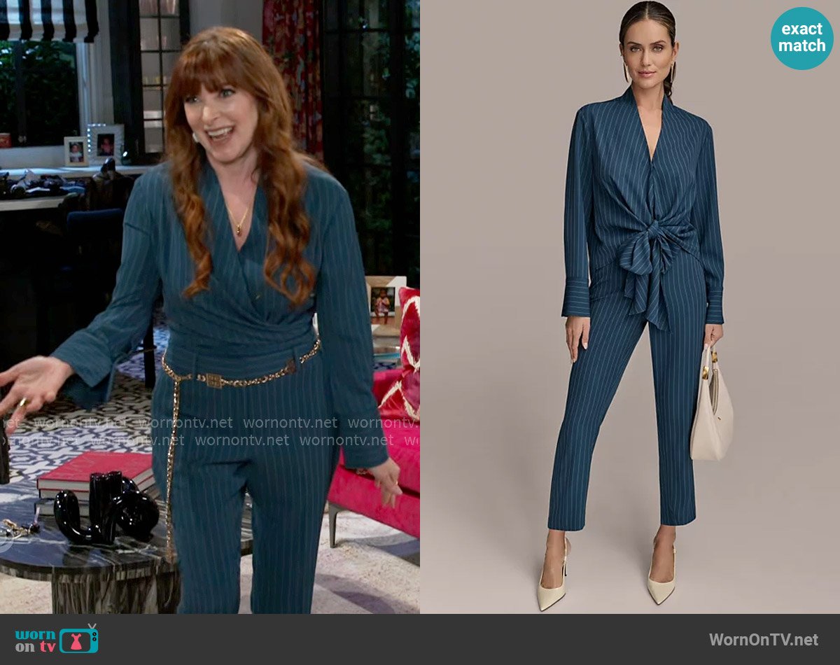 Donna Karan Tie-Front Pinstripe Blouse and Pants worn by Pamela Curtis (Cady McClain) on Beyond the Gates
