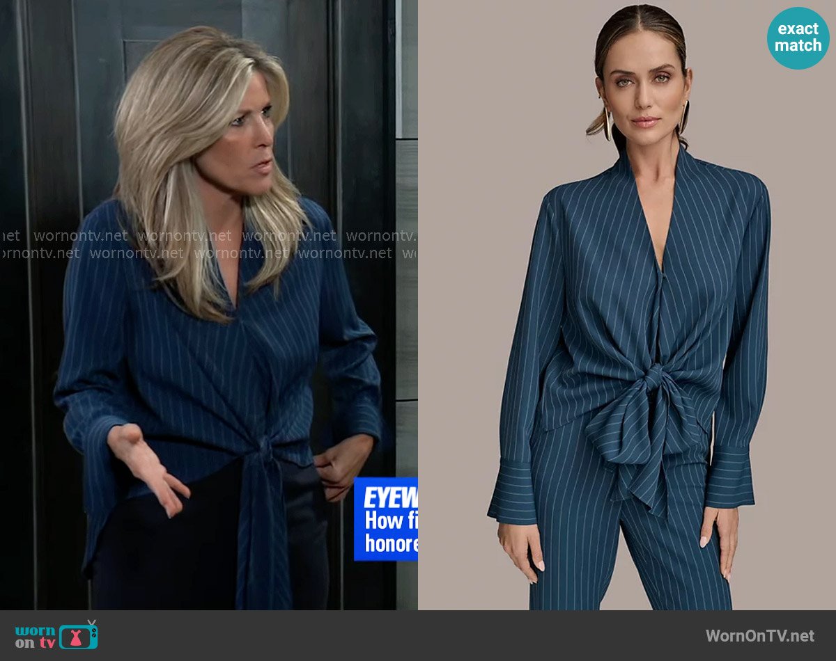 Donna Karan Tie-Front Pinstripe Blouse worn by Carly Spencer (Laura Wright) on General Hospital