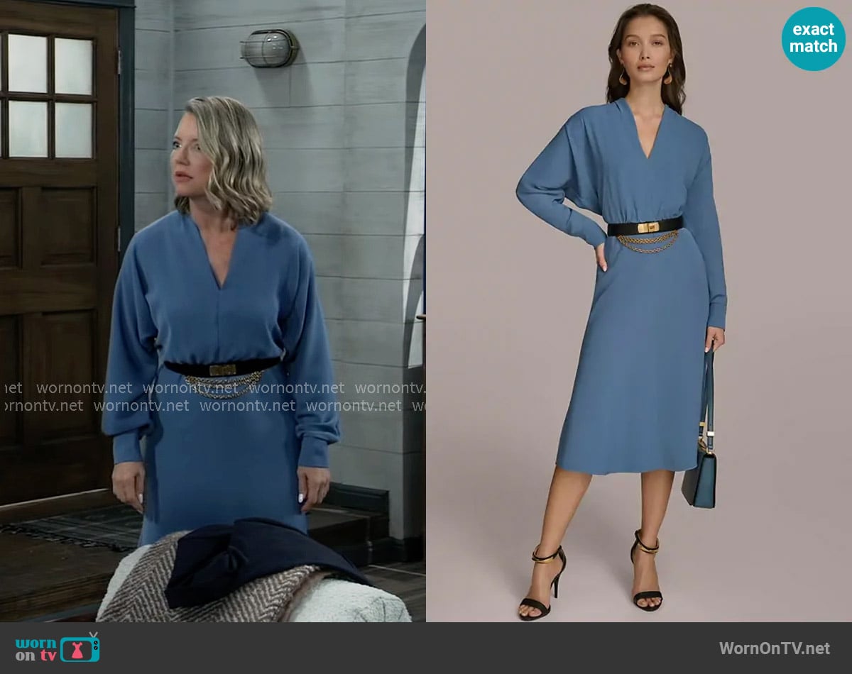 Donna Karan V-Neck Belted Long-Sleeve Dress worn by Nina Reeves (Cynthia Watros) on General Hospital