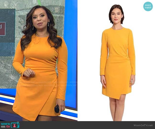 Donna Morgan Sleek Faux Wrap Dress with Asymmetric Skirt in Cadmium Yellow worn by Adelle Caballero on Today