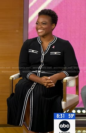Dr. Monique James’s black contrast trim midi dress on Good Morning America