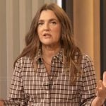 Drew’s gray check print shirt and skirt on The Drew Barrymore Show