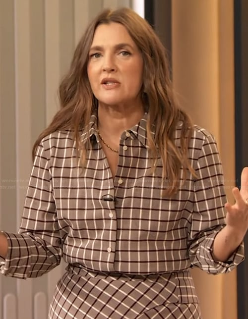 Drew's gray check print shirt and skirt on The Drew Barrymore Show