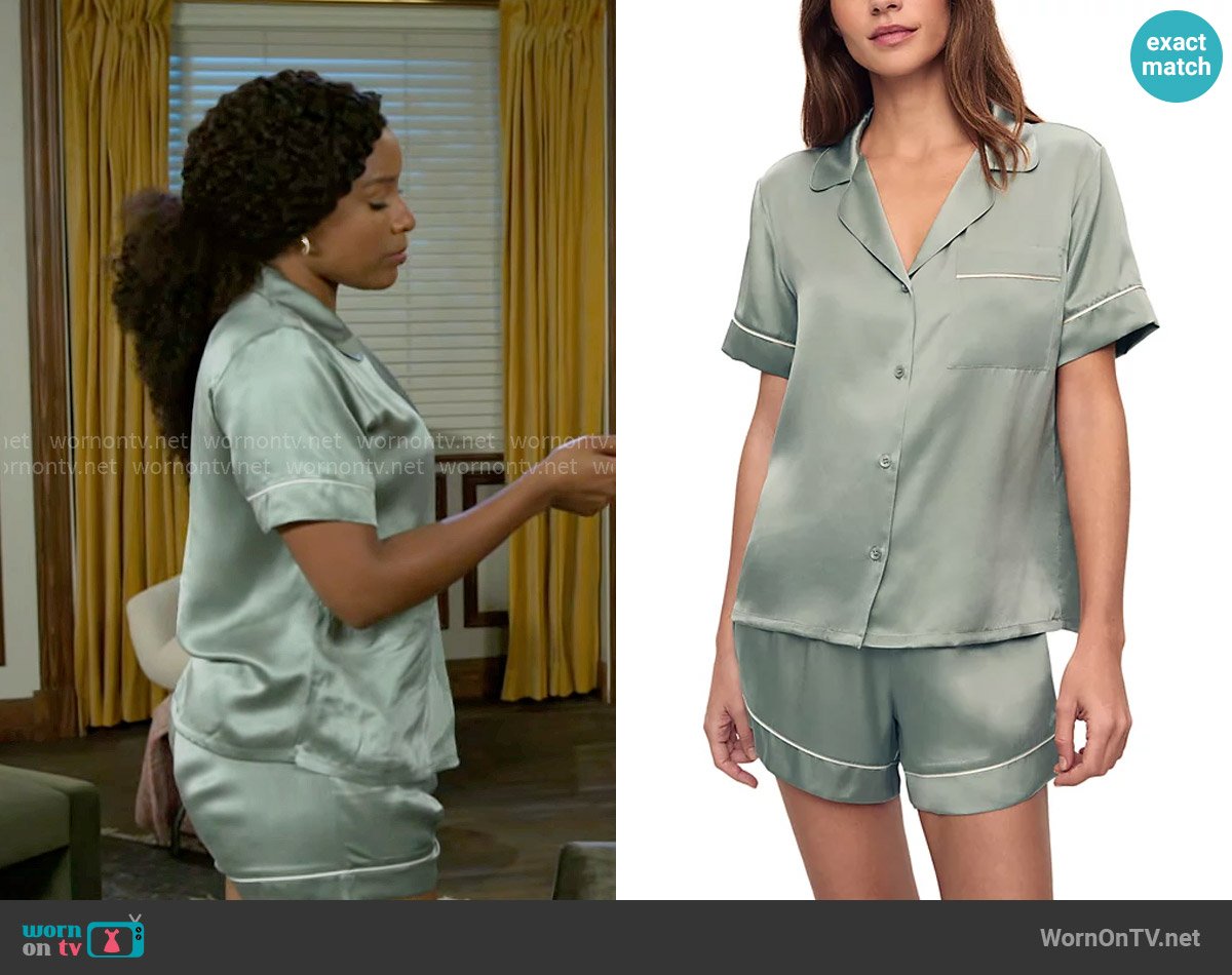 Eberjey Inez Washable Silk Short Pajama Set in Eucalyptus/Ivory worn by Naomi Hamilton Hawthorne (Arielle Prepetit) on Beyond the Gates
