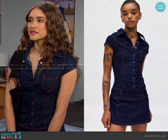 Ecote Stacey Denim Button Front Drop Waist Mini Dress worn by Arianna Horton (Marissa Reyes) on Days of our Lives