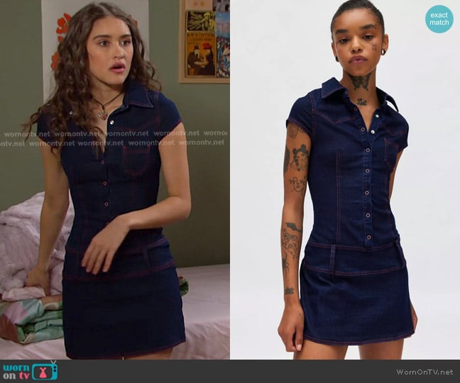 Ecote Stacey Denim Button Front Drop Waist Mini Dress worn by Arianna Horton (Marissa Reyes) on Days of our Lives