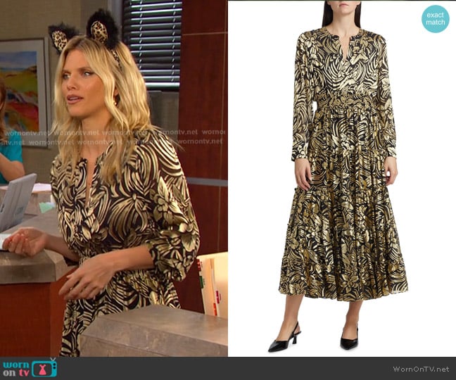 Elie Tahari The Francesca Metallic Burnout Tiered Midi-Dress worn by Catherina Greene (AnnaLynne McCord) on Days of our Lives