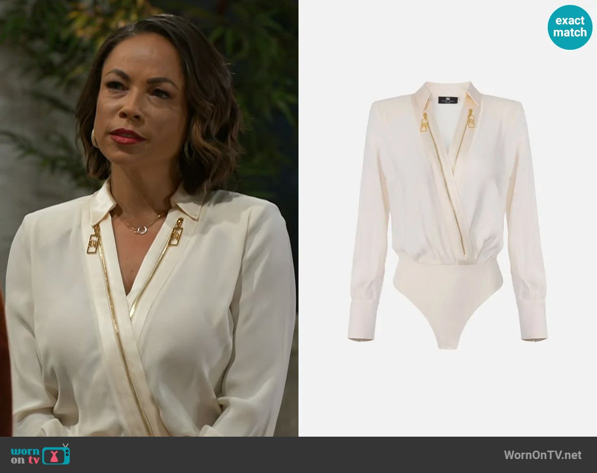 Elisabetta Franchi Bodysuit-style blouse in georgette and satin fabrics with zip worn by Nicole Dupree Richardson (Daphnee Duplaix) on Beyond the Gates