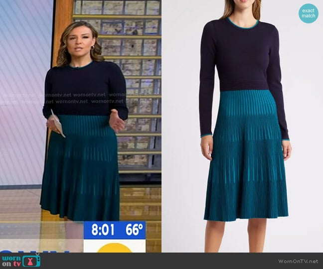 Eliza J Long Sleeve Mixed Media Fit & Flare Dress worn by Mary Bruce on Good Morning America