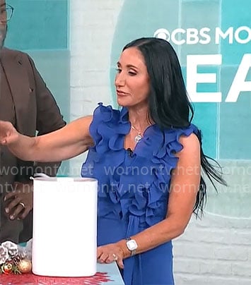 Elizabeth Werner's blue ruffled jumpsuit on CBS Mornings