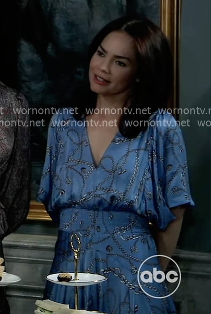 Elizabeth’s blue chain print dress on General Hospital