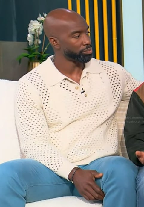 Elliott Cooper's white open knit polo sweater on Tamron Hall Show
