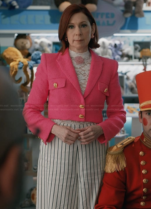 Elsbeth's pink tweed blazer and striped pants on Elsbeth
