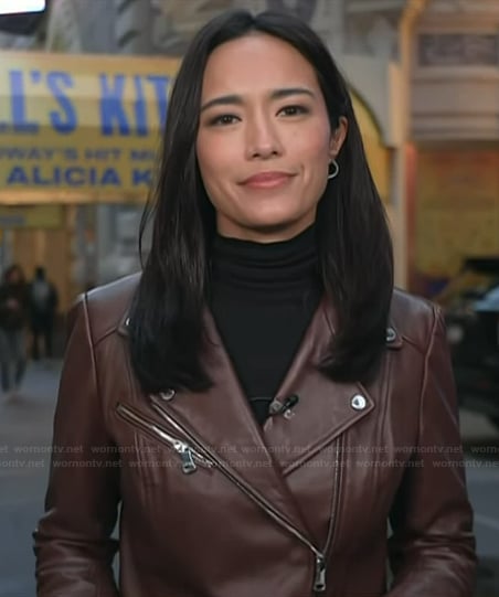 Emilie’s brown leather moto jacket on Today