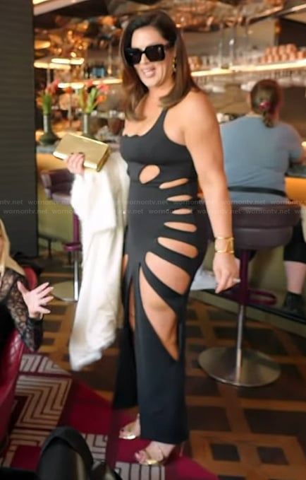 Emily’s black cutouts dress on The Real Housewives of Orange County