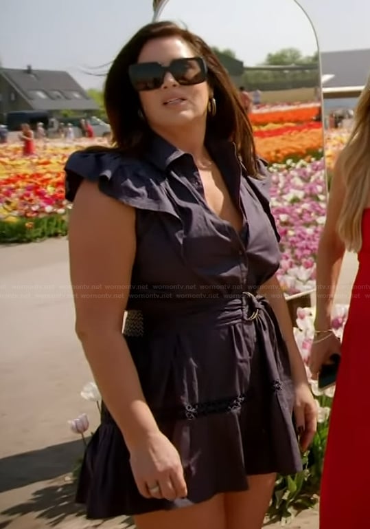 Emily's navy belted ruffle dress on The Real Housewives of Orange County