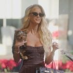 Emma's brown metallic pinstripe top and mini skirt on Selling Sunset