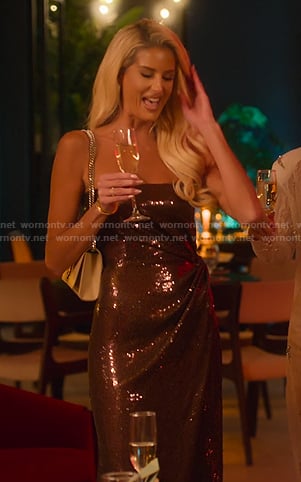 Emma's brown sequin strapless gown on Selling Sunset