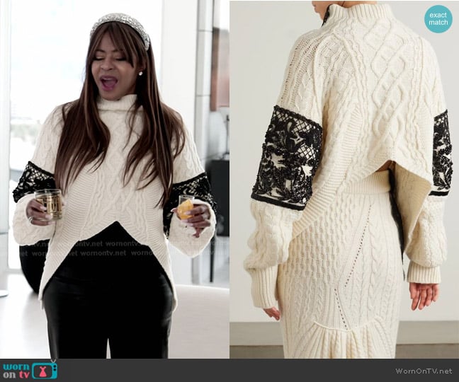 Erdem Embroidered Wool-blend Cable Knit Sweater In Ivory worn by Mary Cosby on The Real Housewives of Salt Lake City