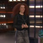 Erin Kellyman’s contrast stitch cardigan and skirt on The Kelly Clarkson Show