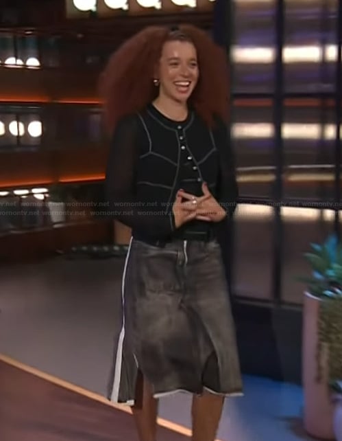 Erin Kellyman’s contrast stitch cardigan and skirt on The Kelly Clarkson Show