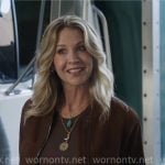 Eve’s brown suede bomber jacket on Shifting Gears