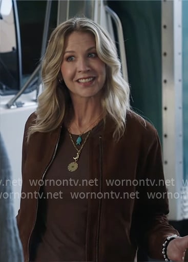 Eve's brown suede bomber jacket on Shifting Gears