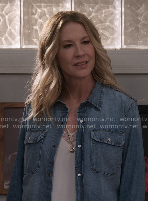Eve’s white lace cami and denim shirt on Shifting Gears