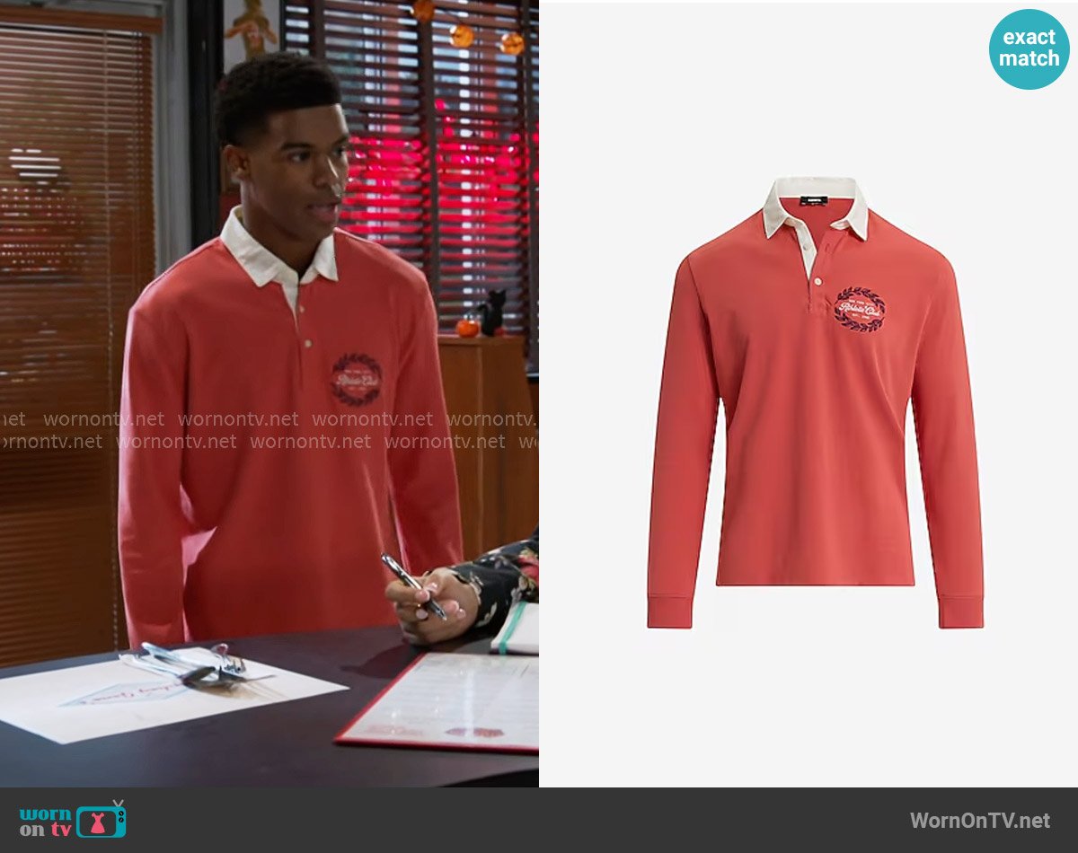 Express Embroidered Athletic Club Chest Graphic Long Sleeve Polo worn by Tyrell Richardson (Jaden Lucas Miller) on Beyond the Gates