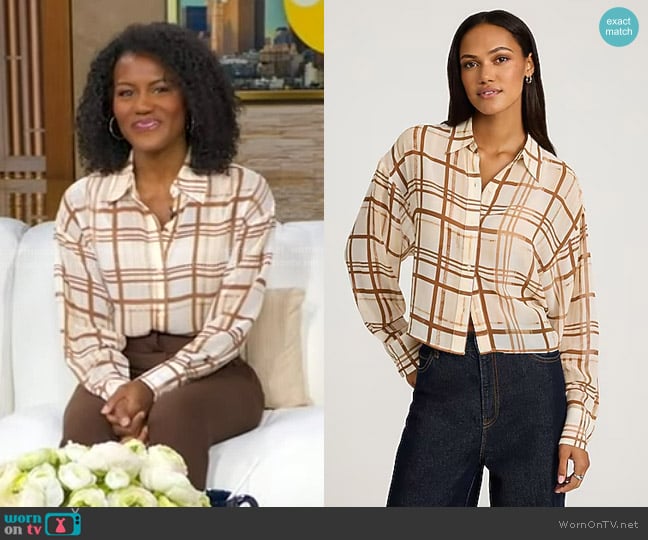 Express Sheer Plaid Cropped Boyfriend Shirt in Print 82 worn by Janai Norman on Good Morning America
