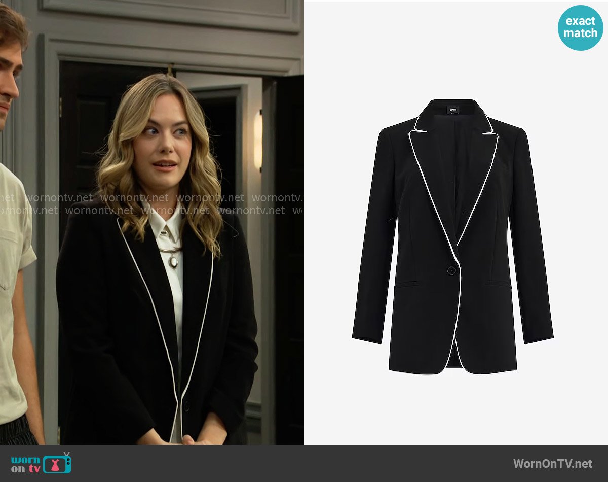 Express Signature Crepe Piped Boyfriend Blazer worn by Hope Logan (Annika Noelle) on The Bold and the Beautiful