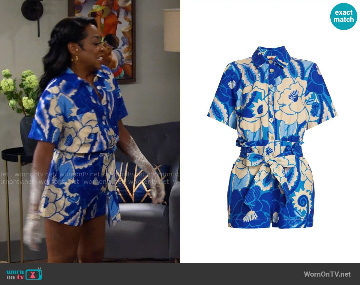 Farm Rio Tropical Groove Belted Romper worn by Tina Butler (Tichina Arnold) on The Neighborhood