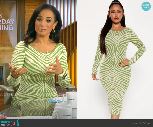 Fashion Nova Amina Sweater Midi Dress in Green/combo worn by Michelle Miller on CBS Mornings