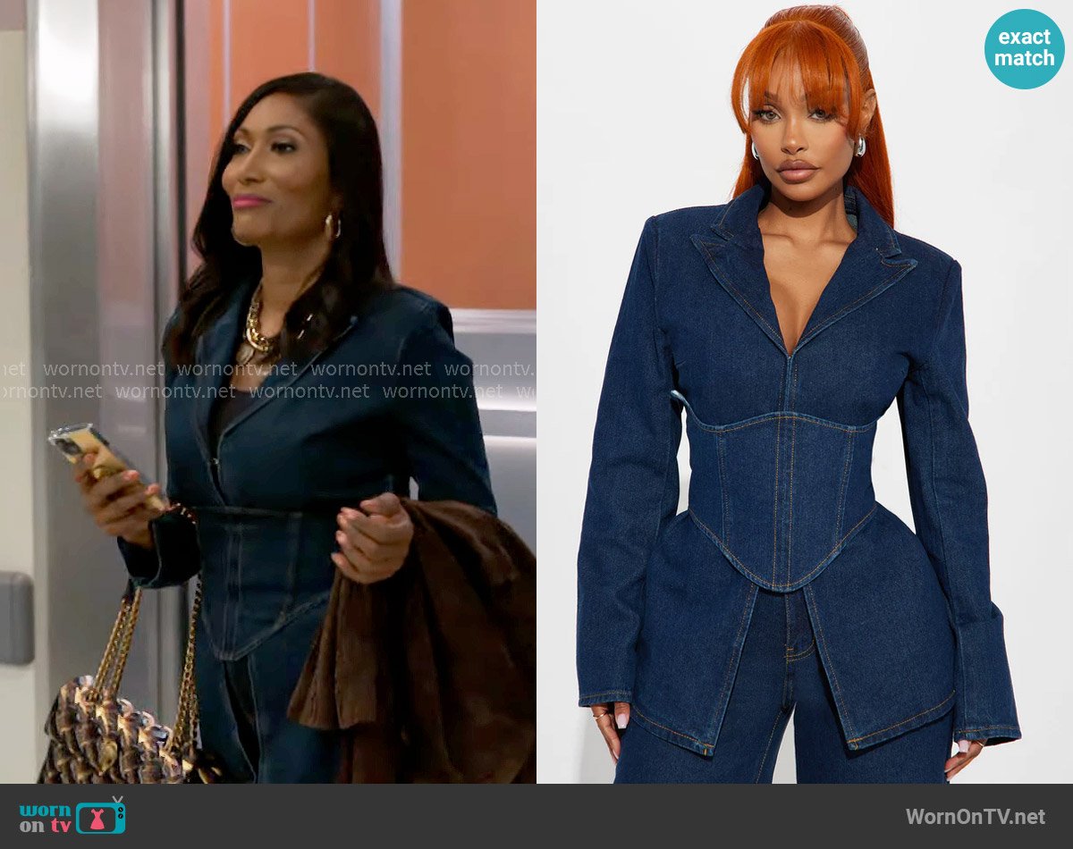 Fashion Nova Get Down To Business Corseted Denim Blazer worn by Dana 'Leslie' Thomas (Trisha Mann-Grant) on Beyond the Gates