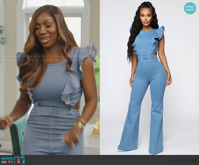 Fashion Nova Janis Denim Jumpsuit worn by Wendy Osefo on The Real Housewives of Potomac