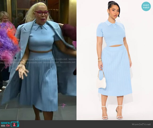 Fashion Nova Preppy Attitude Sweater Skirt Set in Light Blue worn by Tiffany Drummond on Today