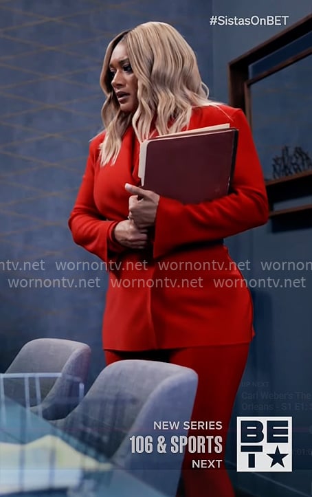 Fatima's red suit on Tyler Perrys Sistas