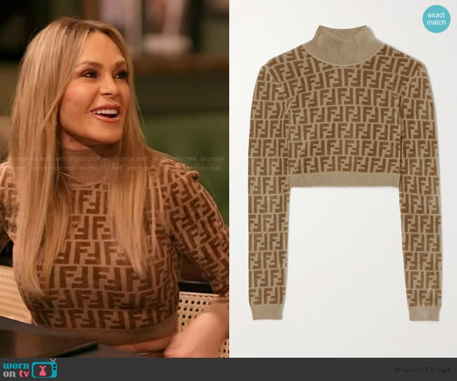 Fendi Printed stretch-velvet cropped turtleneck sweater worn by Tamra Judge on The Real Housewives of Orange County