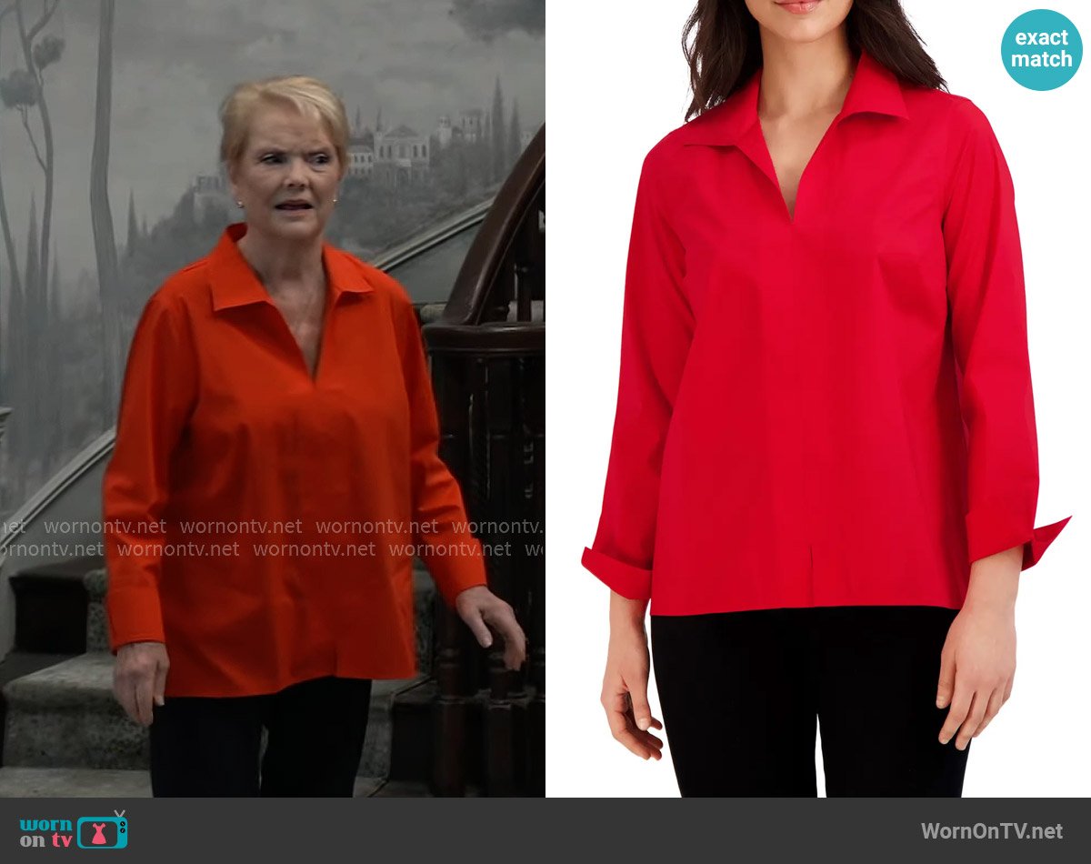 Foxcroft Agnes Split Cuff Popover Blouse in Simply Red worn by Veronica Bard (Erika Slavek) on General Hospital