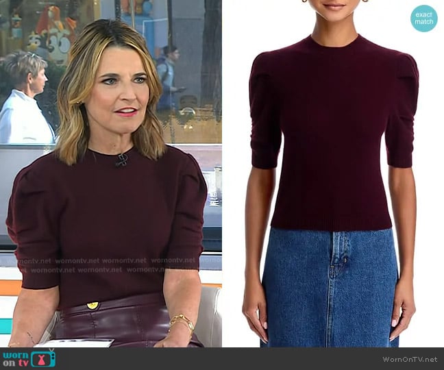 Frame Ruched Puff Sleeve Sweater in Wine worn by Savannah Guthrie on Today
