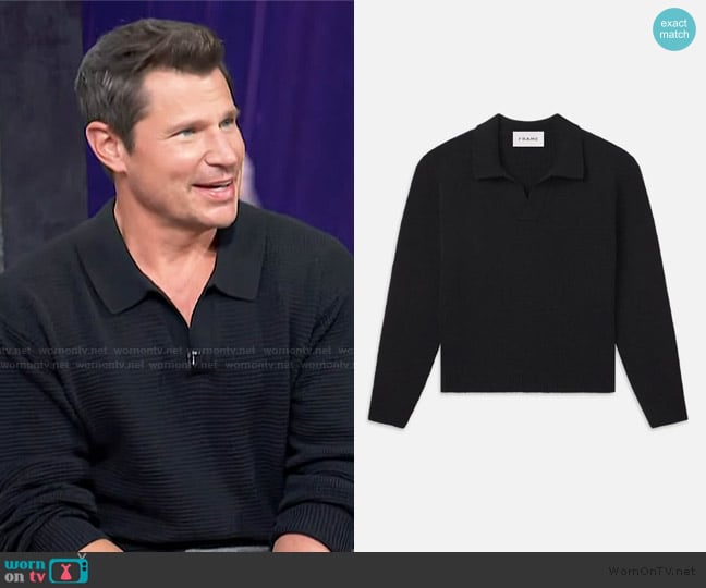 Nick’s black v-neck sweater on Access Hollywood